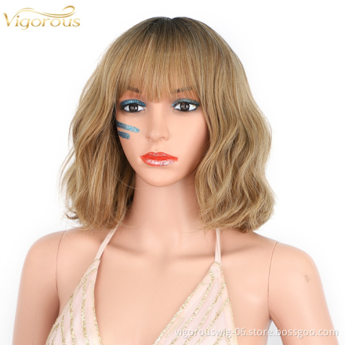 Cosplay Daily Use Wavy Short Bob Neat Bang Shoulder Length Curly Synthetic Heat Resistant Fiber Ombre Blonde color Wig for women